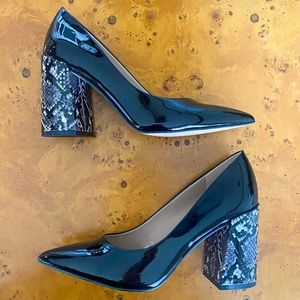 Snakeskin Block Heel Pumps